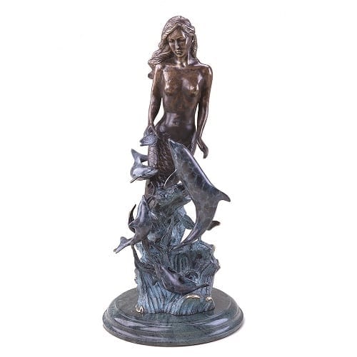 Beautiful Mermaid and Dolphins Brass Statue