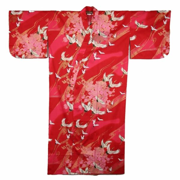Red Kimono With Pink Flowers And Cranes