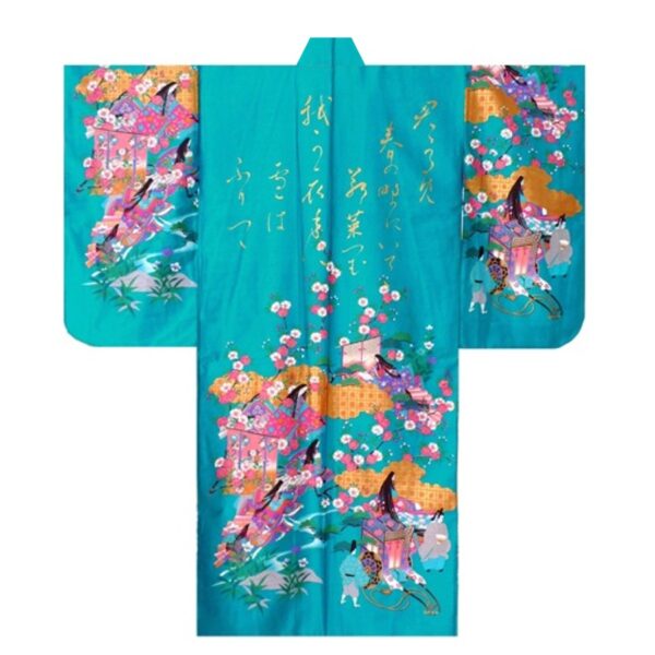 Turquoise Gilt Poem Long Sleeve Japanese Kimono