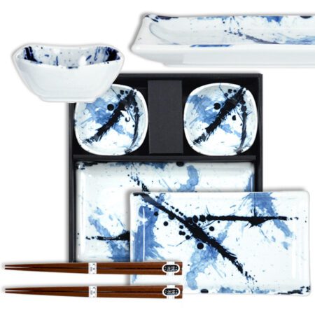 Sushi Set Blue & White Splash 4 pcs with Chopsticks - Made In