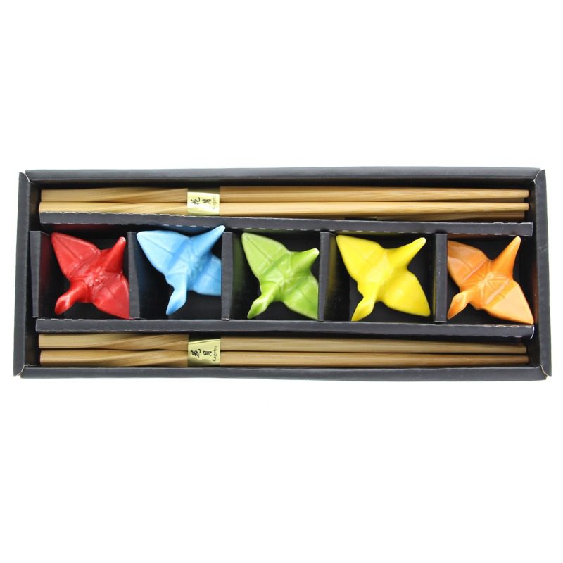 Stile 5 paia bambù cinese Chopstick motivo decorativo con panno Pack da tavola regalo Set 