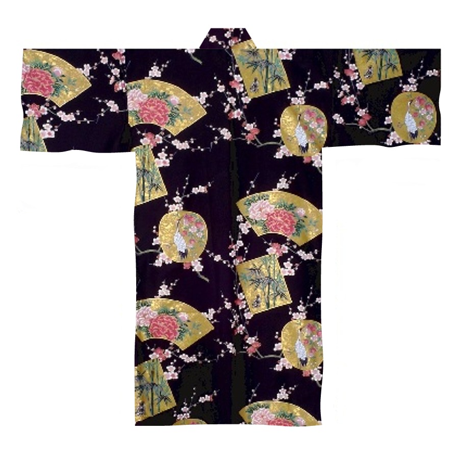 Crane and Flowers Fans Black Happi Coat Robe | Shop | Japanese Style