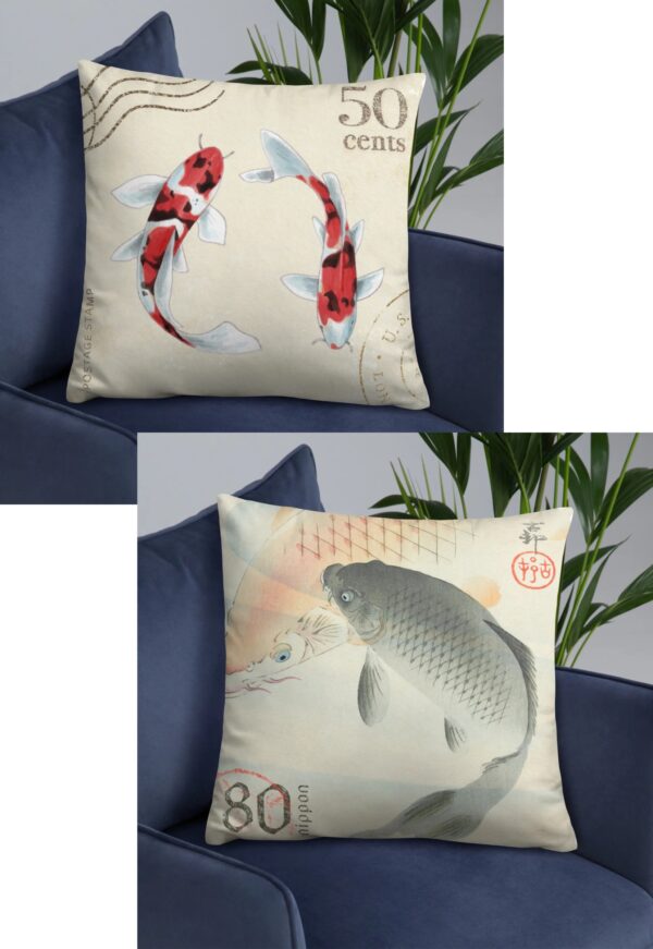 Two in One Throw Pillow Japanese Koi Stamps
