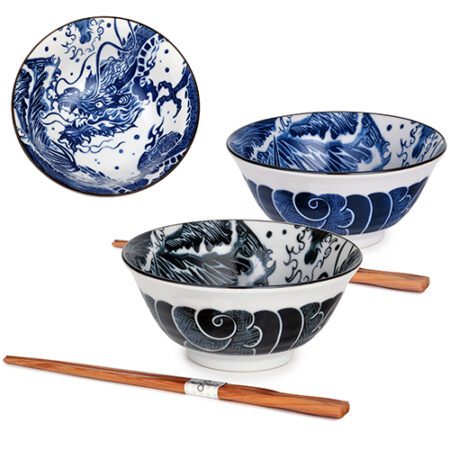 Japanese Dragon Blue & Black Bowl Set