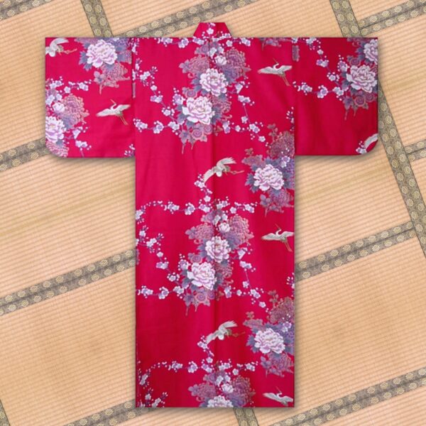 Flying Crane and Peony Red Japanese Kimono Robe