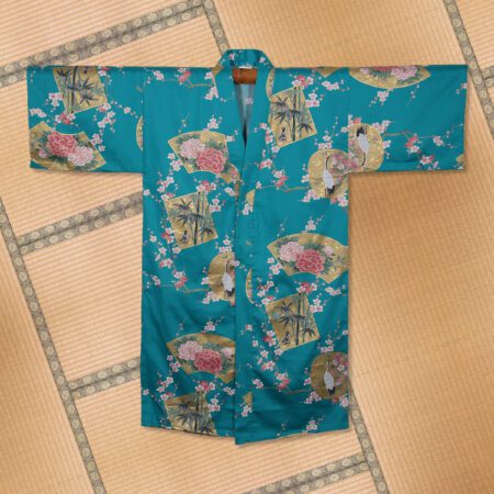Crane and Flowers Fans Turquoise Happi Coat Robe