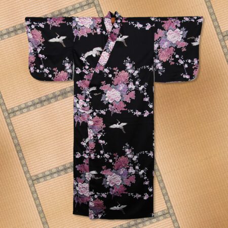 Flying Crane and Peony Black Japanese Kimono Robe